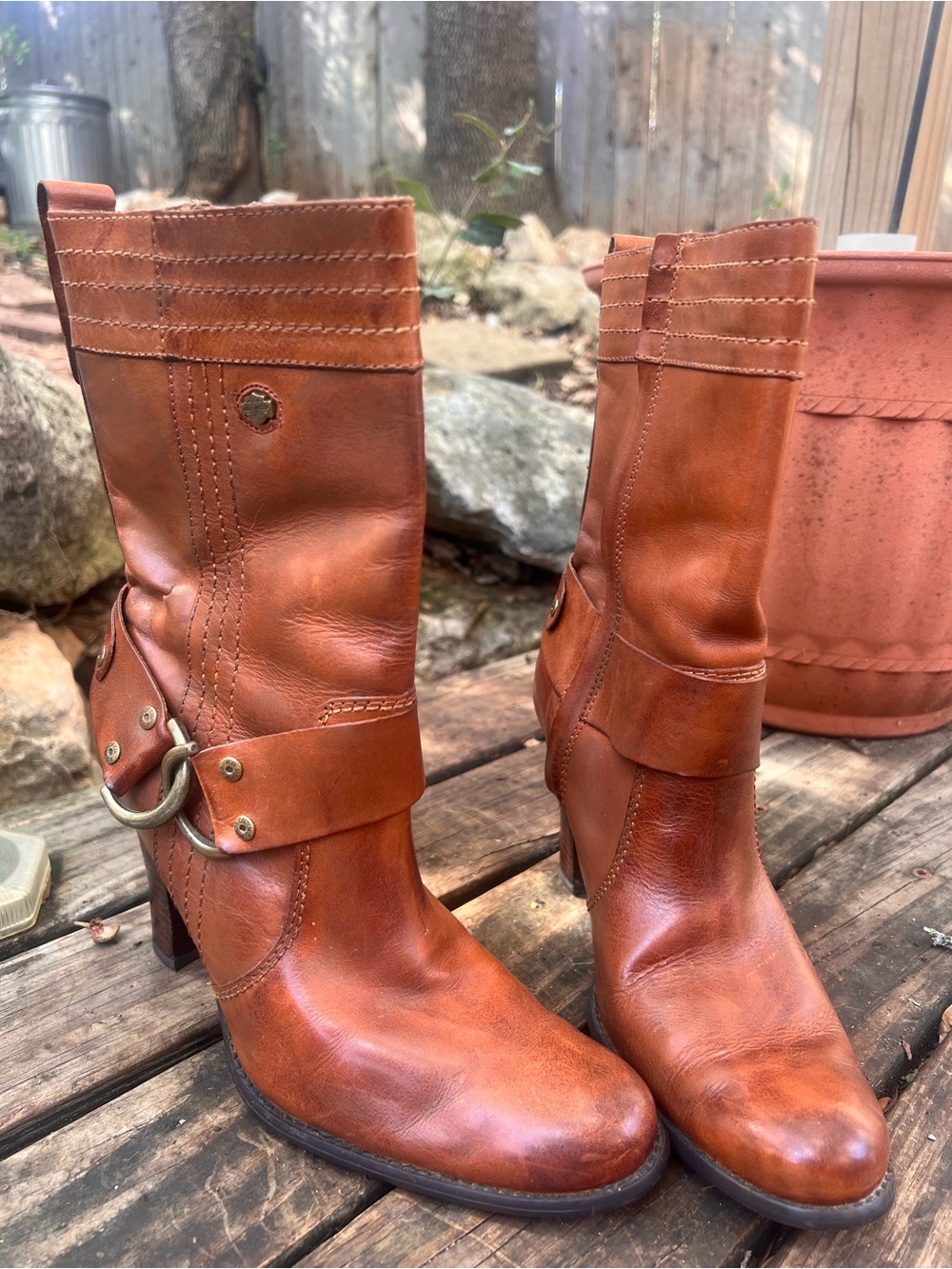 Harley Davidson Leather Mid-Calf Heeled Boots in Cognac Brown